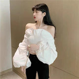 GORUNRUN-Sexy Slash Neck Shirts Women Elegant White Ruffles Puff Long Sleeve Blouses Office Ladies Korean Fashion Black Slim Crop Tops