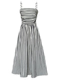 Gorunrun- Women Black Striped Elastic Pleated Elegant Long Strap Dress New Sleeveless Fashion Tide Spring Summer