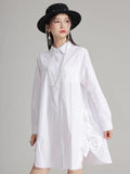 Gorunrun- Women White Black Side Flower Big Size Long Blouse New Lapel Long Sleeve Shirt Fashion Tide Spring Autumn