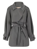 Gorunrun- Women Gray Belted Big Size Trench New Lapel Long Sleeve Loose Fit Windbreaker Fashion Tide Spring Autumn