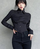 GORUNRUN- Autumn Y2K Sexy Long Sleeve Folds Women Shirt Street Gothic Button Ladies Crop Top Club Female Clothing Blouse Tops