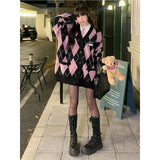 GORUNRUN-Preppy Argyle Knitted Cardigan Women Y2K Oversized Patchwork Sweater Coat Harajuku V Neck Knitwear Korean Casual Jumper Tops New