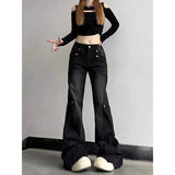 GORUNRUN-Y2K Style Black American Retro Micro Flared Holes Jeans for Women Spring and Summer High Street Slimming Low Waist Wide Leg Mop Pants