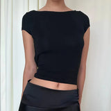 GORUNRUN-Elegant Cocktail Party Club T-shirt Women Crop Tops Tight Fitted Cap Sleeve Showing Navel Backless Ruched Boat Neck Blouse Tops