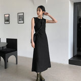 GORUNRUN-Hollow Out Midi Dress Women Elegant Black Sleeveless A Line Dresses Summer Korean Party Drawstring Backless Sundress Vestidos