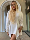 Gorunrun-hoco dresses -hoco dresses   Fashion Hooded Dress For Women White Waist Wrap Bodycon Mini Dress Spring Long Sleeve Hoodies Sweatshirt Dresses