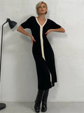 GORUNRUN Contrast Slim Fashion Maxi Dress For Women V-Neck Short Sleeve Patchwork Elegant Gown Dress Female Split Long Dress 2024