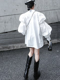 Gorunrun- Women White Big Size Pleated Split Blouse New Stand Collar Puff Sleeve Loose Fit Shirt Fashion Spring Autumn