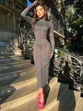 GORUNRUN Knit Long Sleeve Patchwork Maxi Dress Female Slim Split Fashion Elegant Party Dress Streetwear Solid Women Long Dress