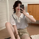 GORUNRUN-Fake Two Piece Patchwork Korean Knitted Tshirts Puff Sleeve Women Turn-down Collar Ice Silk Tees Loose Striped Y2k Camisetas