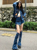 GORUNRUN-Streetwear Blue Cowboy Tops Coat Asymmetrical Design Lace Up Denim Mini Skirt Autumn Three Piece Sets Womens Outfits