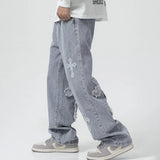 Men's Stylish Cross Patch Street Jeans Hip Hop Streetwear Straight Loose Vintage High Street Man Baggy Denim Wide Leg Trousers