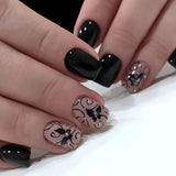 Gorunrun-Halloween Nails Press on Nails Black Butterfly French Fake Nails Rhinestone False Nail Patch Short Ballet Full Cover Artificial Art Nail Tip