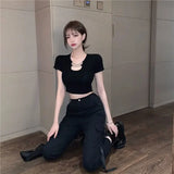 GORUNRUN-Sexy Streetwear Hollow Out Short Tshirts Solid Chains Crop Tops Tees Y2k Women Harajuku Camisetas High Waist Slim Summer