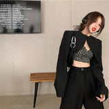 GORUNRUN-Black Cropped Jackets Women Streetwear Basic Outwear Korean Office Lady Vintage Elegant Simple Loose Casual All Match Chic Coats