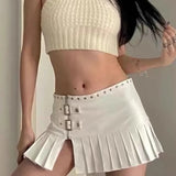 GORUNRUN-Punk Leather Skirt Women Y2k Streetwear Low Waist A-line Split Rivet Zipper Sexy Pleated Mini Skirt Summer Night Club