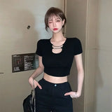 GORUNRUN-Sexy Streetwear Hollow Out Short Tshirts Solid Chains Crop Tops Tees Y2k Women Harajuku Camisetas High Waist Slim Summer