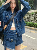 GORUNRUN-Streetwear Blue Cowboy Tops Coat Asymmetrical Design Lace Up Denim Mini Skirt Autumn Three Piece Sets Womens Outfits