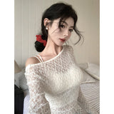 GORUNRUN-Vintage Lacy Sheer T Shirts Women Y2K Sexy White Long Sleeve Crop Tops Summer Streetwear Korean Black See Through Slim Tees New