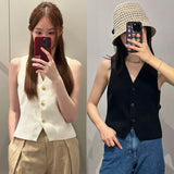 GORUNRUN-V-neck Knitted Suit Vest Women Black Beige 2023 Summer Sleeveless Corset Vest Tops