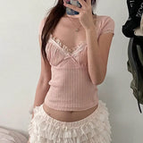 GORUNRUN-Pure Lace Bra Show Thin Knitted Short Sleeve T-shirt for Summer Women's Tees 2024 New Slim bow Sexy V-neck Show Thin Short Tops