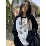 GORUNRUN-American Retro Harajuku Y2k Top Tshirts Women Black White Patchwork Hoodies O Neck Camisetas Raglan Sleeve Cat Print Casual Tees