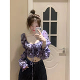 GORUNRUN-Vintage Cropped Slash Neck Shirts Women Y2K Floral Puff Long Sleeve Blouses Spring Korean Elegant Bandage Slim Chic Crop Tops