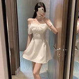 Gorunrun-hoco dresses -hoco dresses -Gorunrun-hoco dresses -hoco dresses  Bow Sexy Slash Neck Dress Women Summer Korean Elegant White Mini Dress Fashion All Match Party Night Camis Vestidos