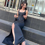 GORUNRUN-2024 spring summer new women's fashionable and sexy temperament street shooting U-neck suspender top slit half-length skirt suit