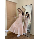 GORUNRUN-Sweet Pink Maxi Dress Women Vacation White Ruffles One Pieces Long Dresses Summer Sexy Strap Robe Korean Beach Bodycon Vestidos