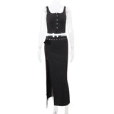 GORUNRUN-2024 spring summer new women's fashionable and sexy temperament street shooting U-neck suspender top slit half-length skirt suit