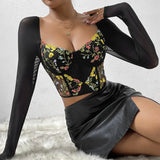 GORUNRUN-Embroidery Flower Corset Crop Tops Long Sleeves Camisole Black Lace Summer Streetwear Women Slim Sheer Tank Top Lingerie Bustier