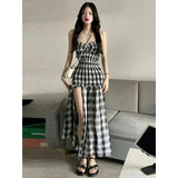 GORUNRUN-Plaid Dress Women Vintage Slit Strapless Irregular A Line Midi Dresses Summer Korean Split Slash Neck Slim Sundress Vestidos New