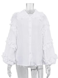 GORUNRUN White Ruffled Casual Shirts For Women Fashion Patchwork Cardigan Lapel Long Sleeve Outwear Slim Ladies Shirts 2024 New