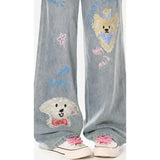 GORUNRUN-Y2K Style Light Blue Cartoon Graffiti Printed Jeans For Women Loose Fitting Straight Leg Pants Streetwear Women Versatile Slouchy Jeans