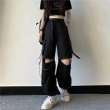 GORUNRUN-Vintage Loose Straight Pants Women Hight Waist Hole Streetwear Cargo Pant Casual Korean Lady Lace Up Solid Black Trousers New