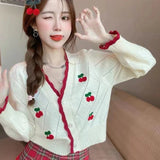 GORUNRUN-Sweet Knit Cardigan Women Y2K Cherry V Neck Crop Sweaters Korean Preppy Streetwear Fashion Patchwork Casual Short Outwear Top