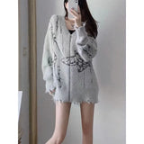 GORUNRUN-Y2K Knitted Cardigan Women Harajuku Oversized Print Sweater Coat Streetwear V Neck Zipper Knitwear Korean Casual Jumpers Tops