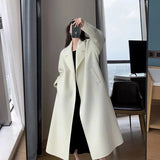 GORUNRUN-Elegant Midi Wool Blends Coat Women Korean Thicken Long Bandage Jackets Oversized Lace Up Outwear White Cardigan Woolen Overcoat