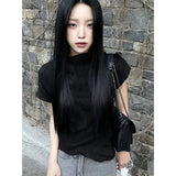 GORUNRUN-Y2K Folds T-Shirts Women Streetwear Pleated Crop Tops Korean Harajuku Summer Turtleneck White Black Slim Casual Chic Tees New