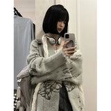 GORUNRUN-Y2K Knitted Cardigan Women Harajuku Oversized Print Sweater Coat Streetwear V Neck Zipper Knitwear Korean Casual Jumpers Tops