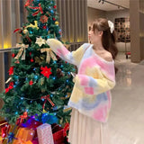 GORUNRUN-Sweet Tie Dye Rainbow Sweater Women Faux Mink Cashmere Knitted Pullovers Streetwear Oversized Knitwear Korean Casual Jumper Tops