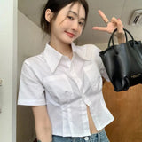 GORUNRUN-White Shirts Women Preppy Slim Crop Tops Student Summer Korean Fashion Short Sleeve Basic Turn Down Collar All Match Blouses New