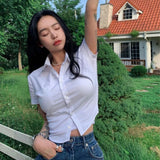 GORUNRUN-White Basic Shirts Women Preppy Short Sleeve Slim Blouses Student Streetwear Korean Sexy Crop Tops Office Lady Casual Work Wear