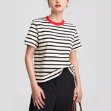 GORUNRUN-Round Neck Contrasting Stripes Casual Short Sleeved T-shirt 2024 Summer Pure Cotton Tee