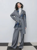 Gorunrun-  Women Gray Pattern Pleated Asymmetrical Blazer New Lapel Long Sleeve Loose Fit  Jacket Fashion Spring Autumn