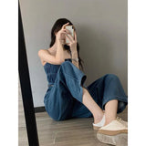 GORUNRUN-Denim Overalls Women Belt Wide Leg Jumpsuits Streetwear Korean Suspender Pants High Waist Sleeveless Strap Jeans Trousers New