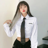 GORUNRUN-Cropped White Shirts Women Japanese Jk Tie Long Sleeve Blouses Harajuku Preppy Korean Fashion Slim All Match Sexy Crop Tops New