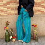 GORUNRUN Women's Y2K Vintage Summer Baggy Long Pants Drawstring Elastic Low Waist Wide Leg Striped Trousers with 2 Pockets