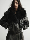 Gorunrun- Dark Brown Leather Faux Fur Big Size Thick Warm Jacket New Lapel Long Sleeve Women Coat Fashion Autumn Winter